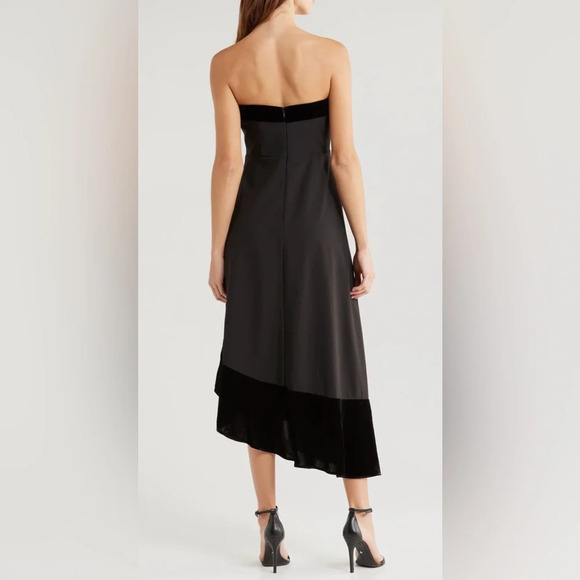 NWOT Du Paradis Geneva Mixed Media Strapless Midi Dress S Black Velvet Crepe - Picture 2 of 11